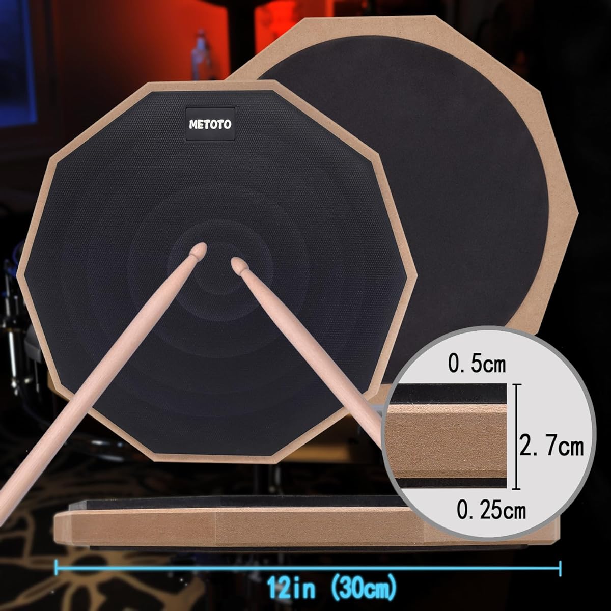 METOTO Snare Drum Practice Pad Kit with Stand, 12" Double-Sided Practice Drum Pad Set, Adjustable Height 14.5~23" Snare Drum Stand with Drum Pad and Sticks