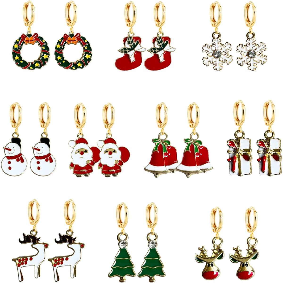 Just Follow 10 Pairs Christmas Hoop Huggie Earrings for Women Christmas Stud Earrings Christmas Tree Bell Snowflake Earrings for Girls Thanksgiving Christmas Holiday Jewelry, Stainless Steel, N/C
