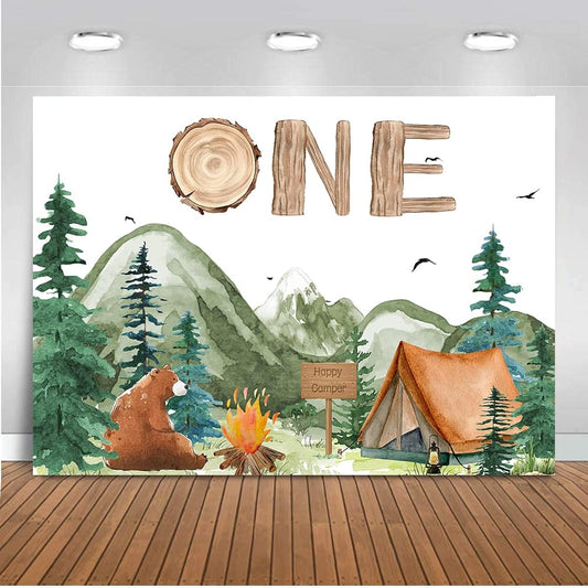 ANSHUHAI Forest Camping Birthday Backdrop Happy Camper Birthday Decorations Boys Adventure 1st Birthday Party Photo Background Tent Campfire Camping Theme Party Banner(7x5ft)