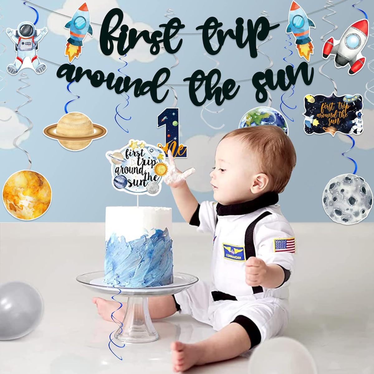 First Trip Around the Sun Birthday Decorations, Space 1st Birthday Decorations, First Trip Around the Sun Banner and Hanging Swirls, Space Theme 1st Birthday Party Decorations Supplies