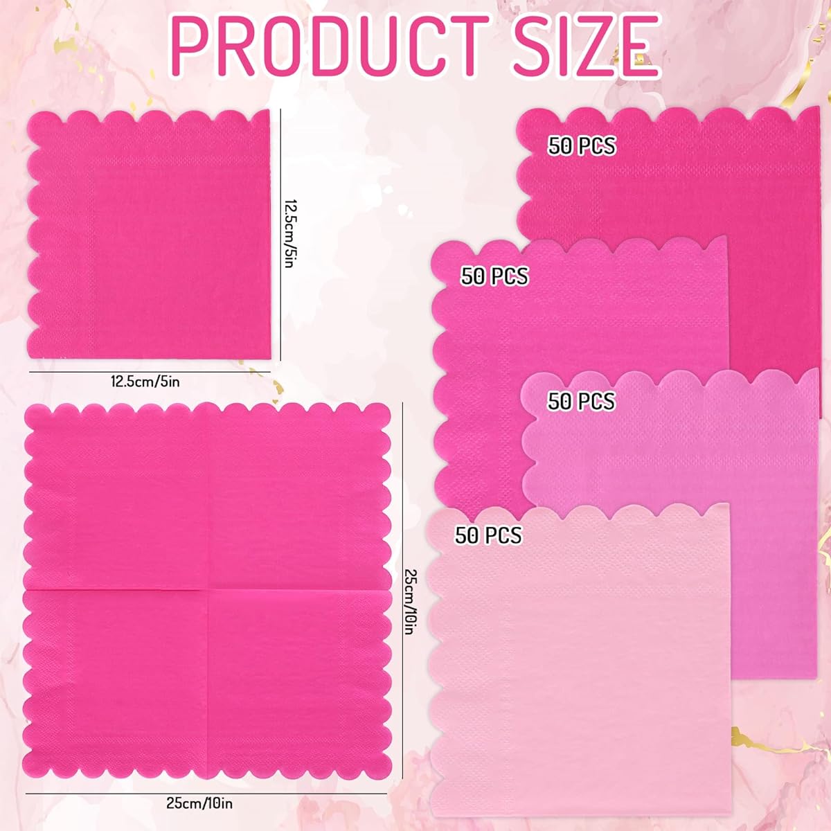 Whaline 200 Pack Pink Cocktail Napkins, Pink Gradient Color, Scalloped Edges, Heavyweight Disposable Luncheon Napkins, Table Decorations, Party Supplies, 5 x 5 Inch