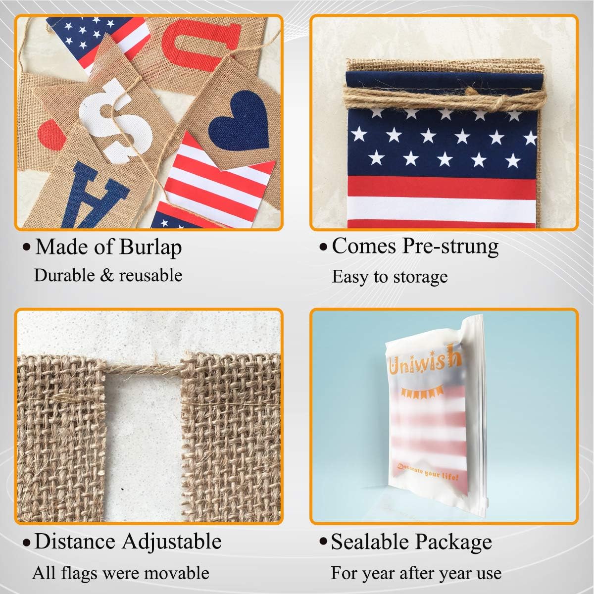 Uniwish USA Banner Burlap 4th of July Decorations American Independence Day Celebration Red White Blue Theme Party Supplies