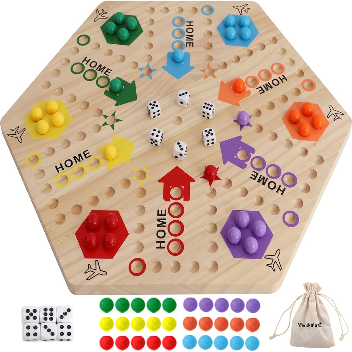Medikaison Large Original Marble Game Solid Wood 20 Inch Wahoo Board Game Double Sided Painted Wooden Fast Track for 6 and 4 Players 6 Colors 24 Marbles 6 Dice for Family Friends
