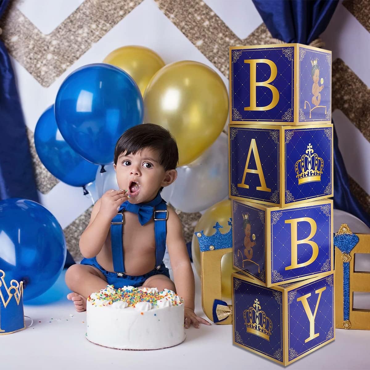 Royal Prince Baby Shower Decorations for Boys, 4pcs Royal Blue Balloon Boxes for Baby Shower, Little Prince Baby Shower Decorations for Boys Girls Prince Baby Shower Birthday Party Supplies
