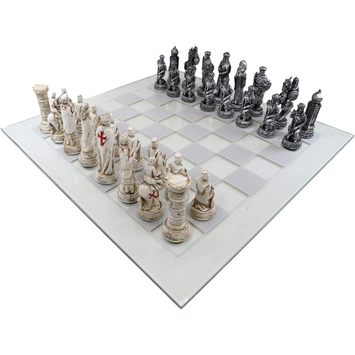 Ebros Gift Hand Painted Medieval Knights of the Cross Christian VS Muslim Saladin Ottoman Empire Resin Chess Pieces 15" x 15" Checkered Frosted Clear Glass Board Set