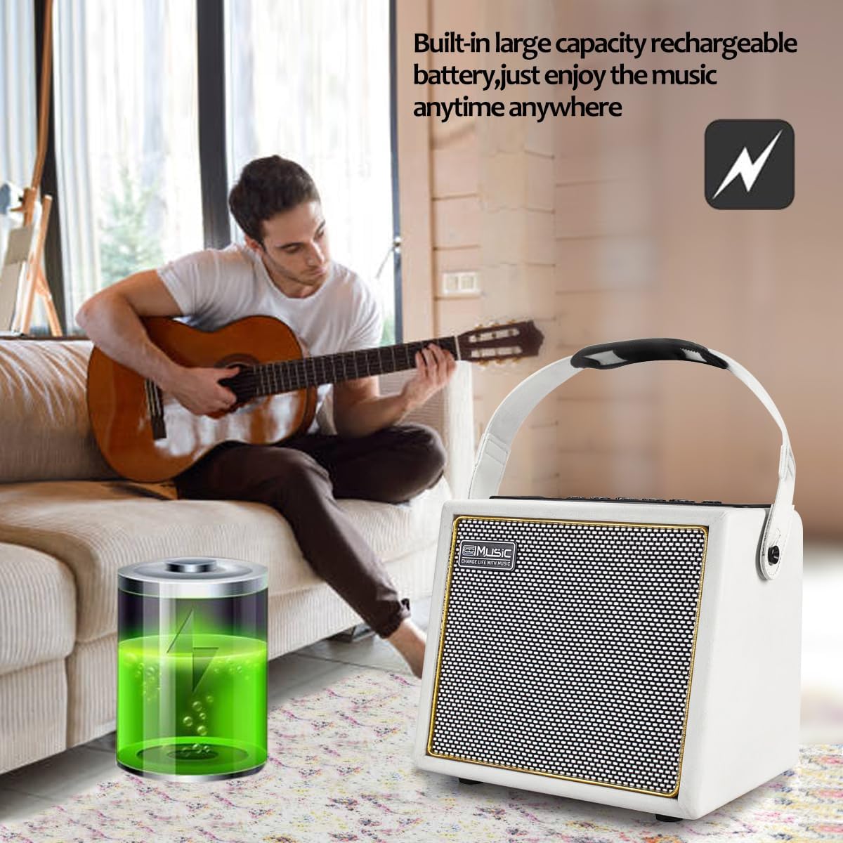 Coolmusic BP MINI Acoustic Guitar Amplifier, 30 Watts BT Speaker Rechargeable Portable Amplifier with Mic Input Supports Volume Bass Treble Control Reverb Chorus Effect (White)