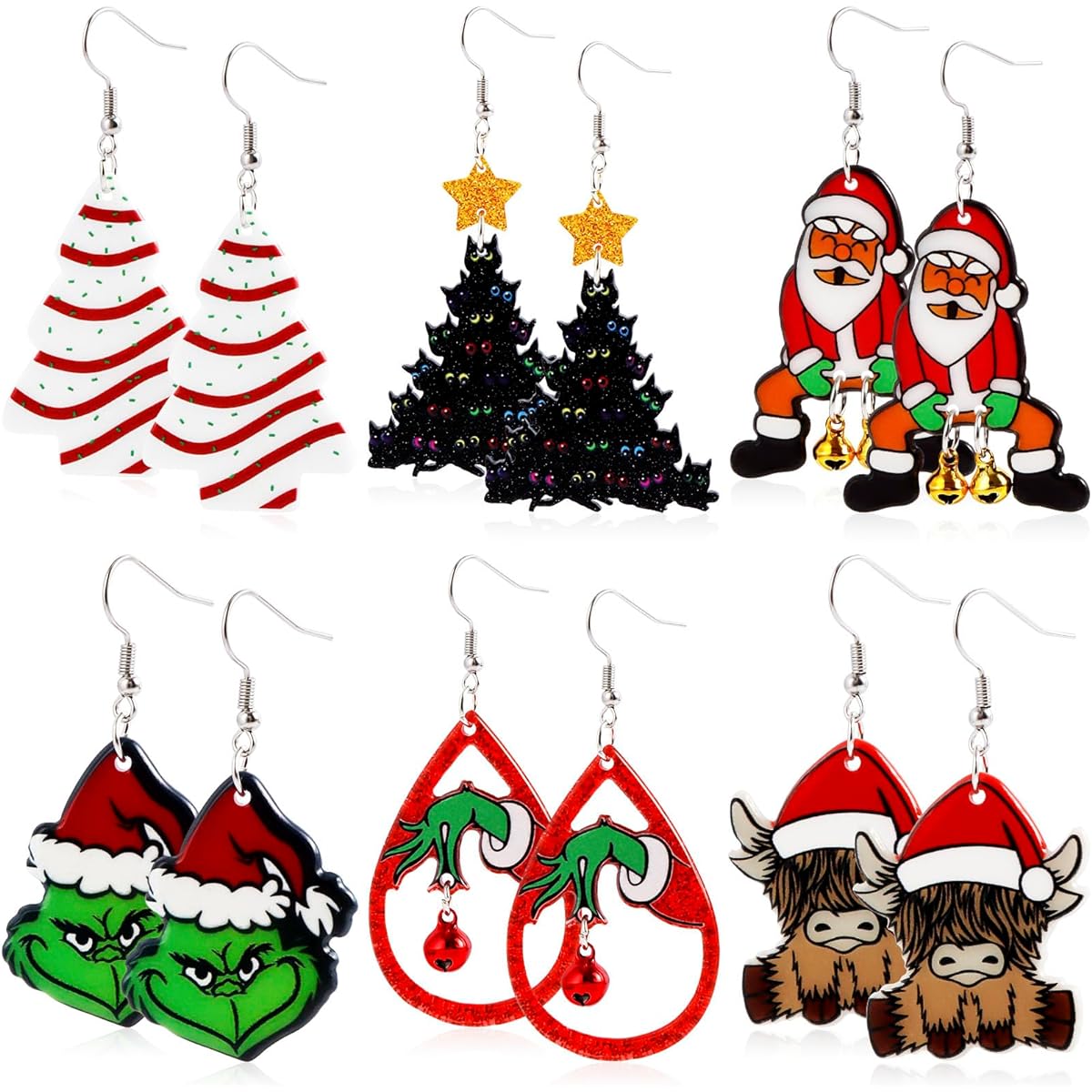 Christmas Earrings Women Christmas Dangle Earrings Holiday Earrings Acrylic Christmas Tree Cow Decoration Christmas Jewelry 6 Pairs