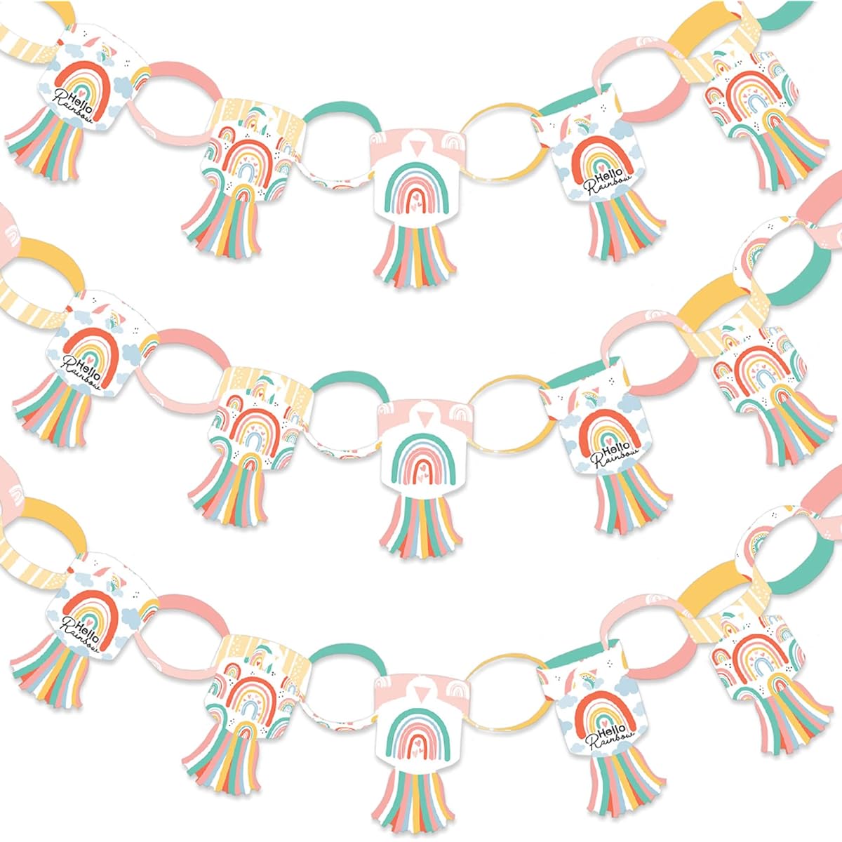 Big Dot of Happiness Hello Rainbow - 90 Chain Links and 30 Paper Tassels Decoration Kit - Boho Baby Shower Birthday Party Paper Chain Garland - 21 Feet