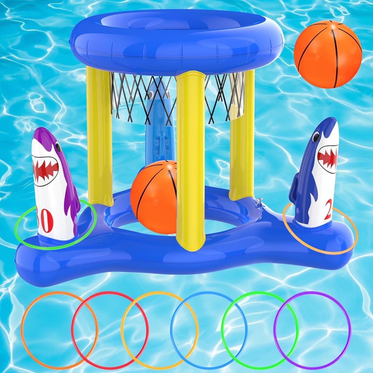 Dokeawo 2-in-1 Pool Float Toy Set, Inflatable Floating Pool Basketball Hoop & Ring Toss Pool Toys for Kids Teens Adults Family Summer Outdoor Swimming Party Pool Games