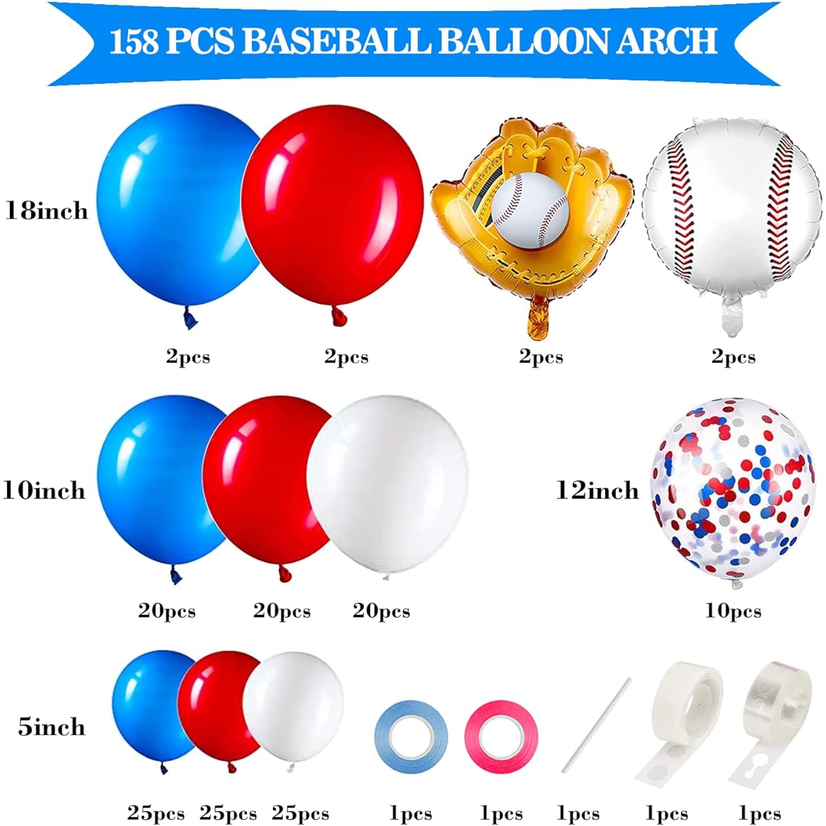 FUNTOOB Red Blue White Balloon Arch Kit, 158pcs Baseball Balloon Arch Garland Kit with Red Blue White Latex Balloons, Confetti Balloons, Baseball Foil Balloons for Boys Birthday Independence Day Decorations