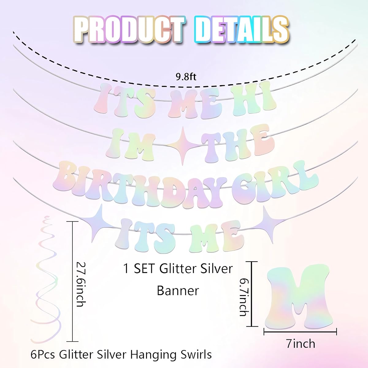 Its Me Hi Im The Birthday Girl Its Me Banner, Sparkly Silver Iridescent Popular Singer Birthday Decoration Banner with Hanging Swirls, Girls Garland for Birthday Party Decorations