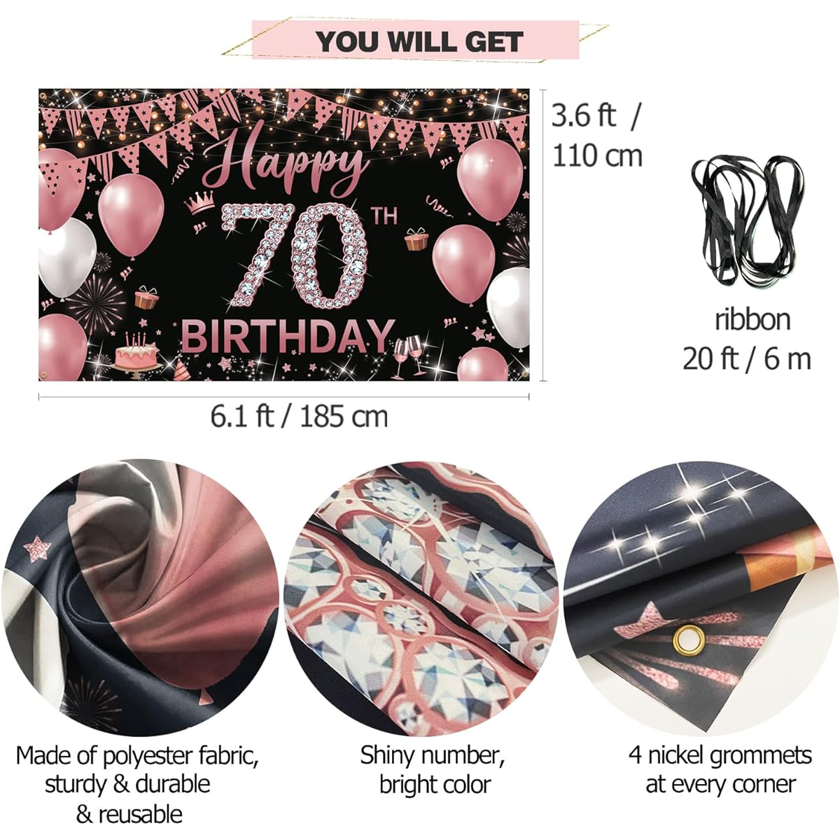 PHXEY 70th Birthday Decorations Backdrop Banner for Women Rose Gold 70th Birthday Decorations 70th Birthday Party Background 70th Birthday Theme Photo Props Fabric 6ft x 3ft