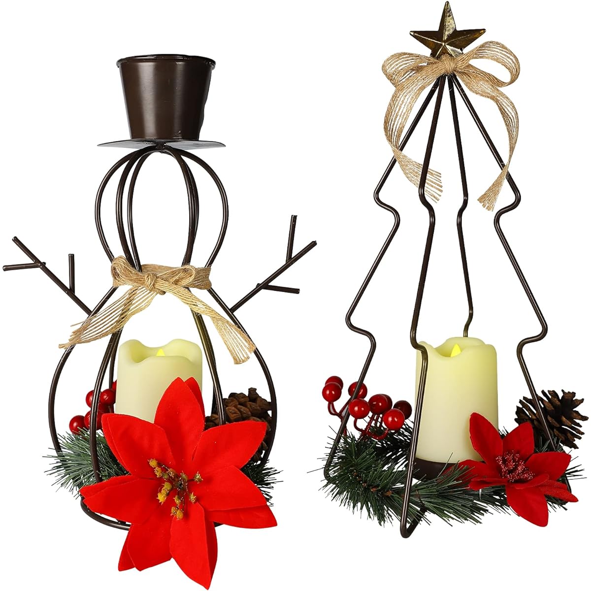 MorTime Christmas LED Candle Lantern Lights Metal Christmas Tree & Snowman with LED Candle Berries Pine Cone for Christmas Decorations, Set of 2