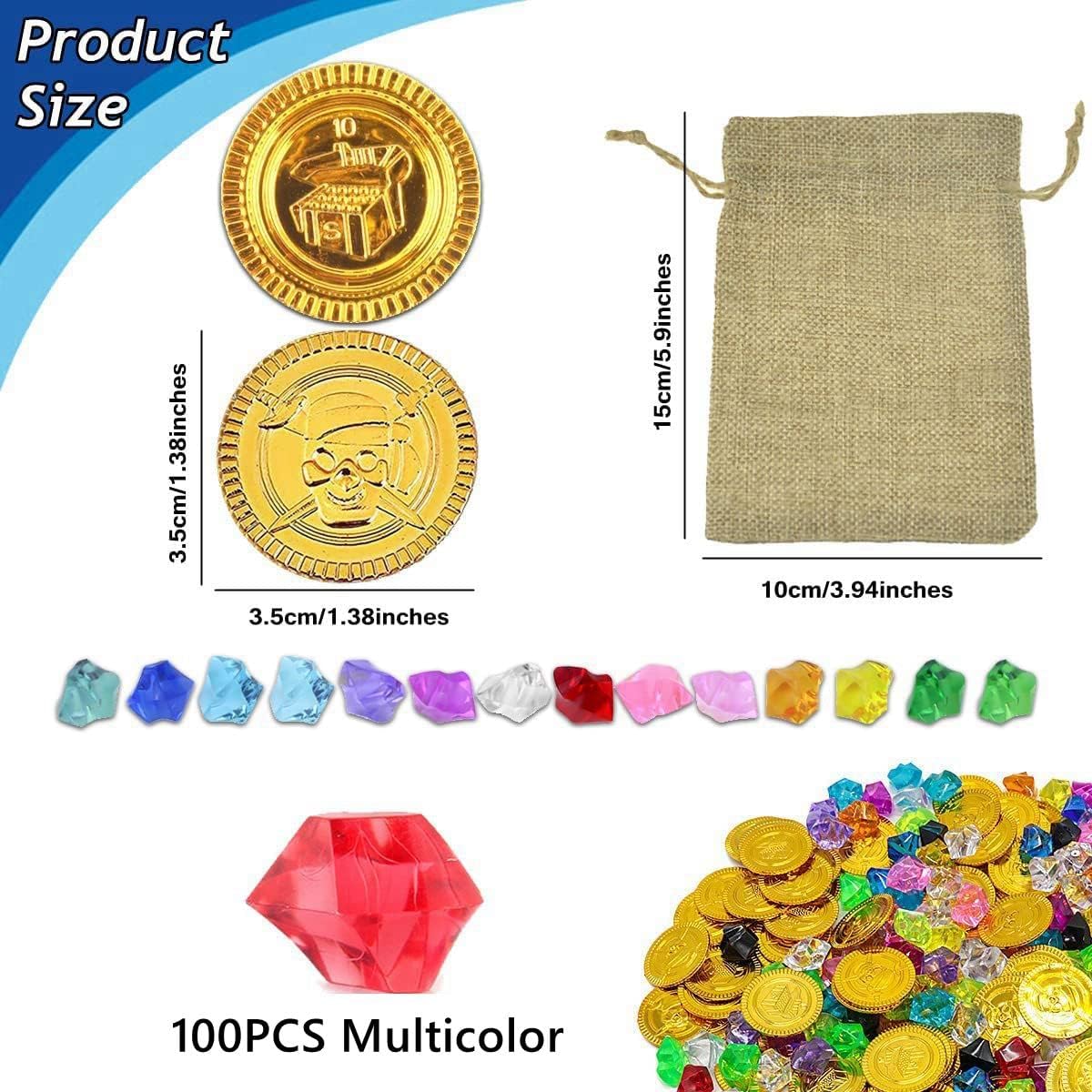 200 Pieces Pirates Gold Coins and Gems Buried Treasure Toys Pirates Adventure Theme Game Jewelry Toys Party Favors, Coins Gems Treasure Hunt Game (100 Coins + 100 Gems + 1 Bag)