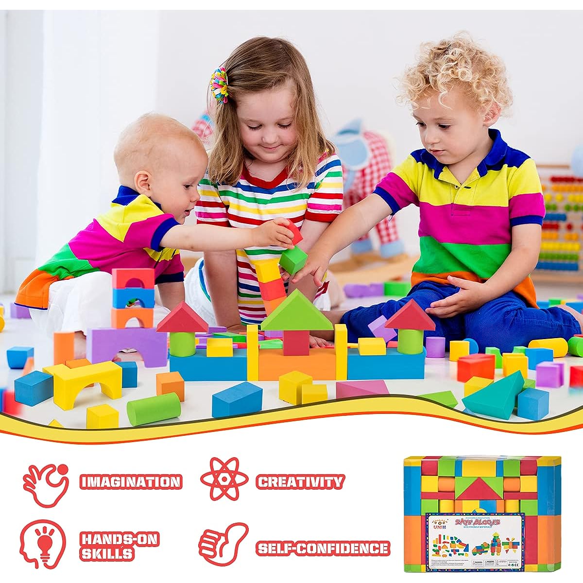 UNIH Toddler Foam Blocks, 100% Safe, Non-Toxic, BPA Free, Waterproof, Lightweight, Soft, Bath Building Blocks Toys for Toddlers, 46 Pieces, Colorful Different Shapes, Toddler Building Blocks