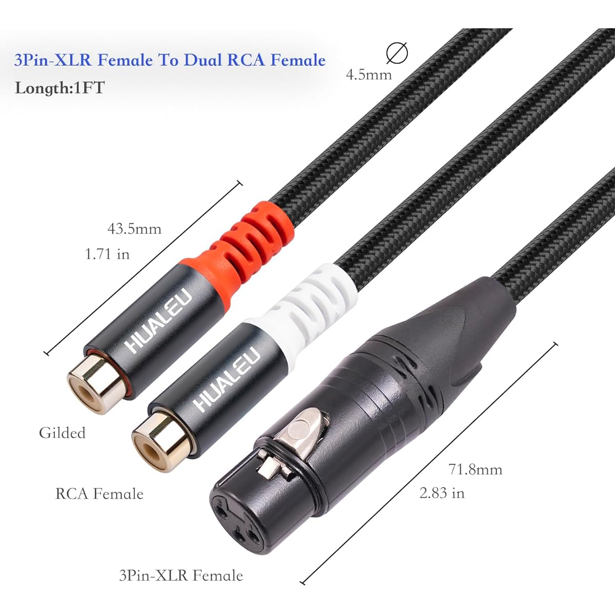 HUALEU 1ft XLR Female to 2RCA Female Y Splitter Patch Cable Unbalanced Dual RCA Female to XLR Female Audio Interconnect Cable Adapter for Speaker Condenser Microphone Mixer AMP