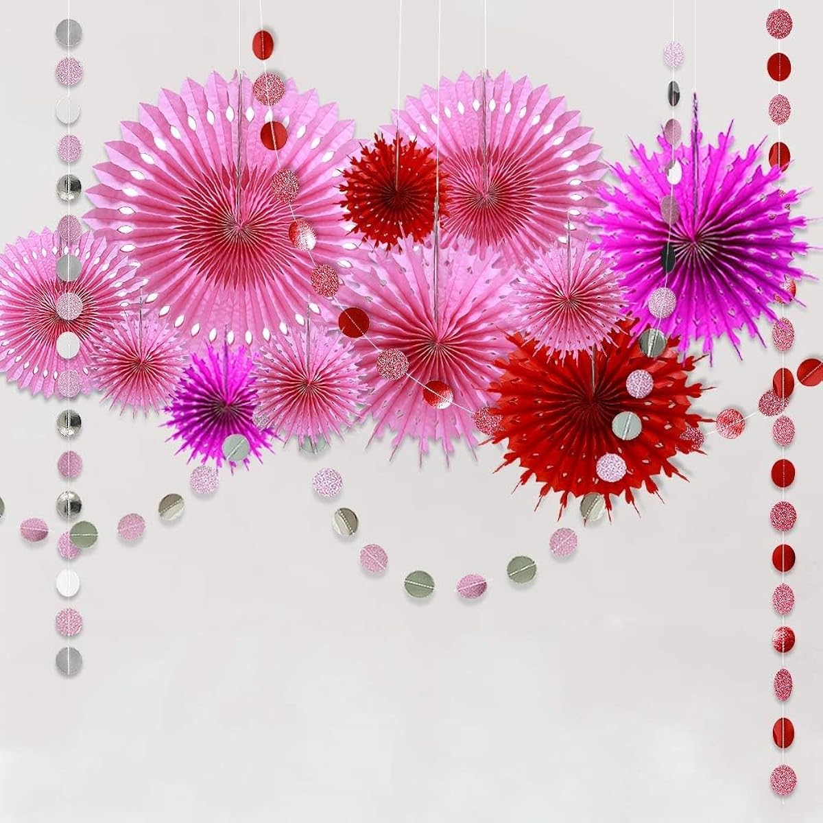 Decor365 Rose Red Pink Paper Decoration Set Fan Glitter Circle Polka Dot Garland Bunting Banner Backdrop Girls Party Birthday Wedding Bridal Shower Bachelorette Home Shop Office School