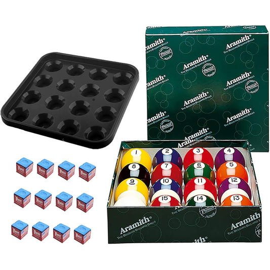 Aramith Premier Billiard Ball Set with Master Brand Blue Chalk and 12 Plastic Ball Tray