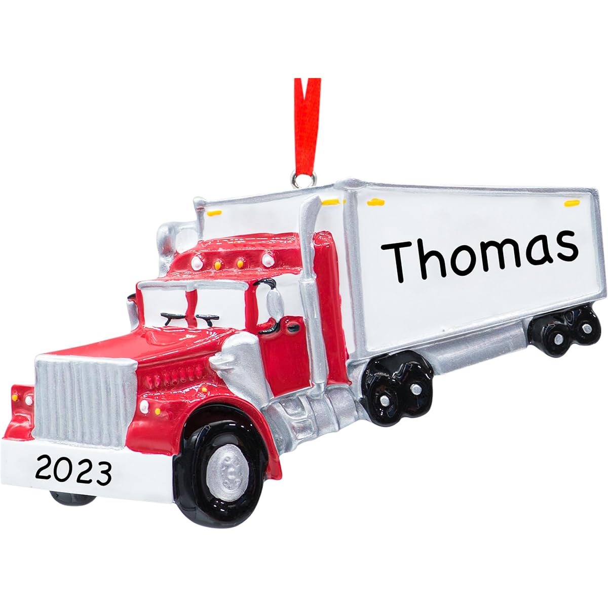 UniqXmas Personalized Semi Truck Christmas Ornament 2023 - Free Customization | Red Semi Trailer Truck Cargo Truck Carrier Transport Vehicle for Christmas Tree | Unique Keepsake - Custom Name & Year