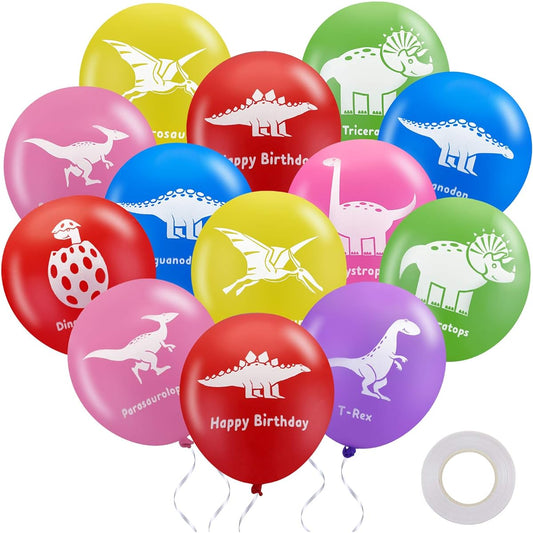 40 Pieces Dinosaur Theme Latex Balloons Birthday Boy Party Supplies Decoration with 10 Meter White Ribbon