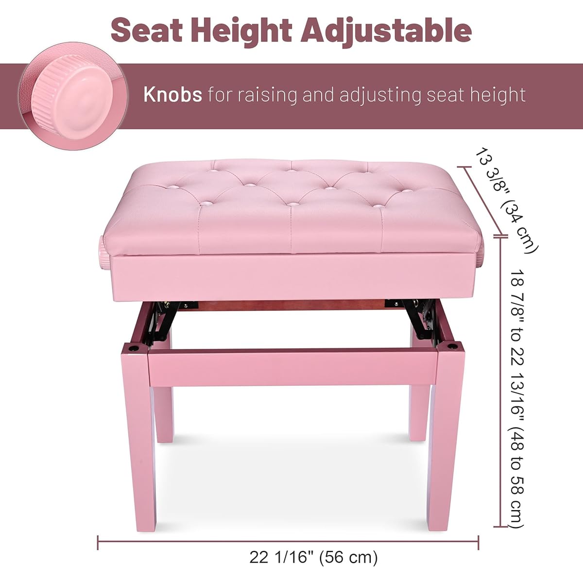 AW Adjustable Height Piano Bench PU Leather Padded Wooden Keyboard Stool Music Book Storage Pink