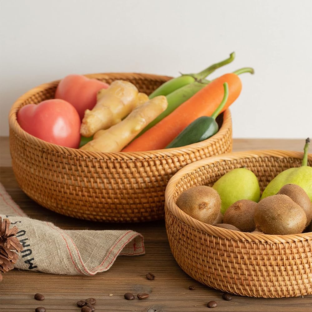 Lirancia Rattan Basket, Made of Rattan, Natural Material, Round, Shallow Tray, Deep, Lightweight Box, Durable, Vegetables, Bread, Japanese Style Bag [Set of 3 Shallow Types]