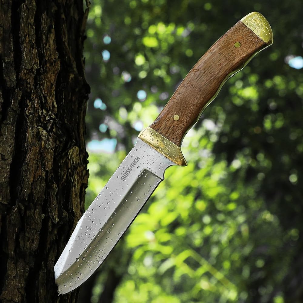 SWISS+TECH Knife, Sheath Knife, Outdoor Knife, Camping Knife, Full Tang Structure, Natural Wood Handle, Blade Length Approximately 13cm, Case Included