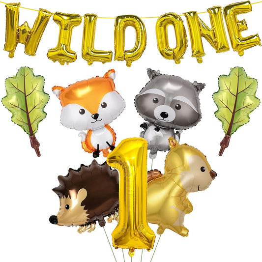 14 Woodland Animal Balloons, Woodland Animal Mylar Foil Balloons Birthday Party Decorations, Wild One Balloons, Woodland Animal Themed Party Supplies for 1st Birthday Decorations (1st Year Old)