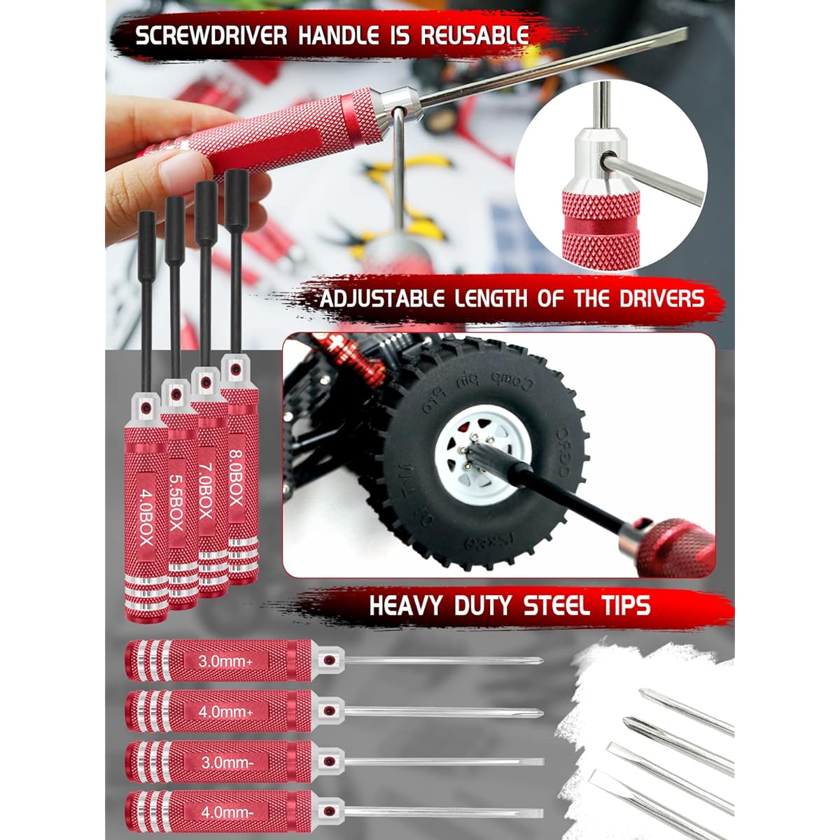 RC Tool Kit Screwdriver Set (Flat, Phillips, Hex) Metal Holder RC Work Stand 522pcs Screw Kit Pliers Set Body Reamer Wrench Tray Repair Tools for RC Car Boat Quadcopter Helicopter - 27pcs (Red)