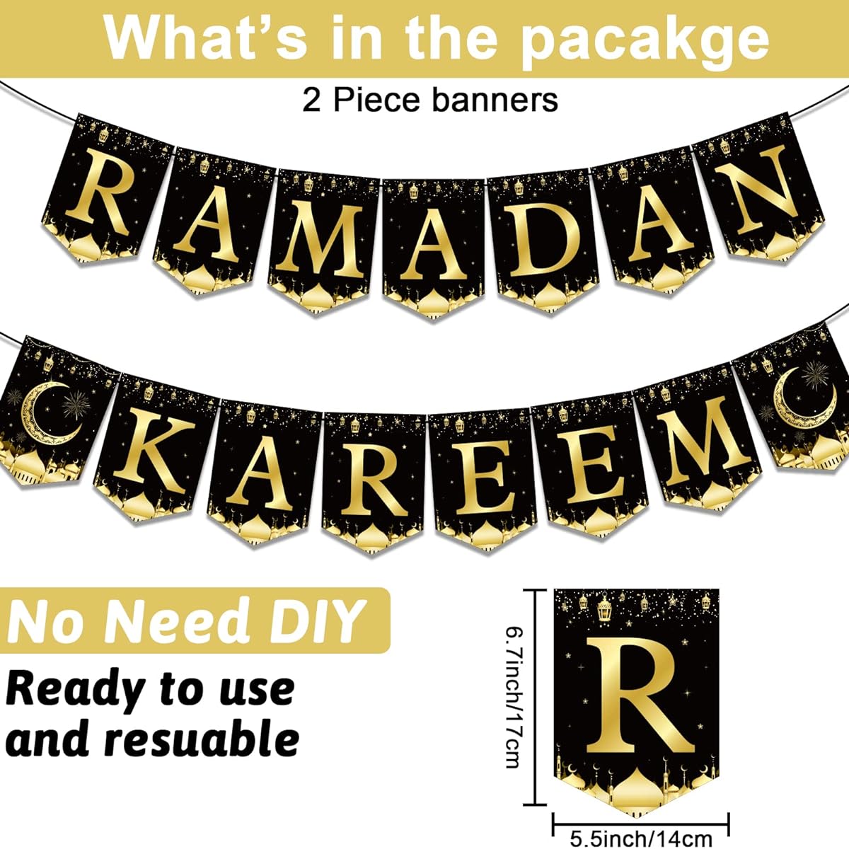 Ramadan Mubarak Banner Party Decorations Black Gold Moon Lantern Hanging Bunting Ramadan Kareem Hanging Banner Party Supplies Home Wall Window Door Fireplace Mantle Ramadan EID Party Favors