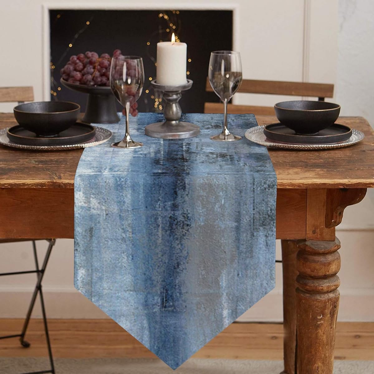 Art Language Dusty Blue Abstract Dining Table Runner 91 Inch Length Farmhouse Coffee Table Runner Kitchen Table Runner for Wedding Graduation Party