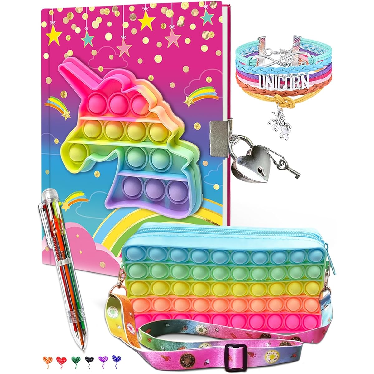 JOEKIKIMD Pop Note Kids Fidget Journal Set Unicorn Diary with Lock Pink Fashion Bracelet 6 Multicolor Ballpoint Pens & Pop Pencil Case Gift Stuff Diary Age 8-12