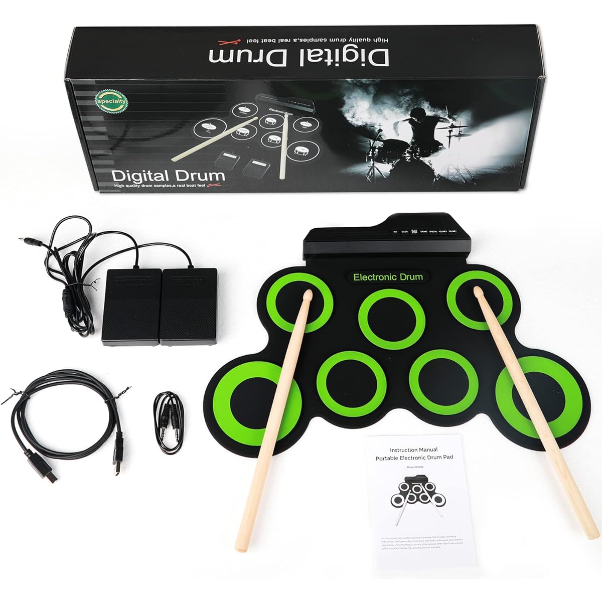 Topoworl Portable USB Electronic Drum Set Practice Drum Pad Foldable Silicone Jazz Drum Electric Drum Set (Green)