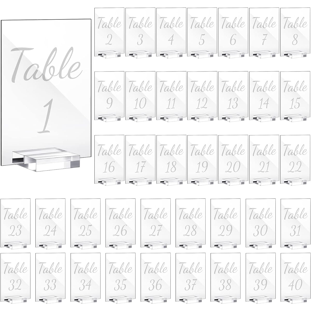 Acrylic Wedding Table Numbers 1-40 Clear Wedding Table Stands Number Print Calligraphy Table Number Holders 4 x 6 Inch Acrylic Table Signs Wedding Reception Centerpieces Decorations Pack of 40