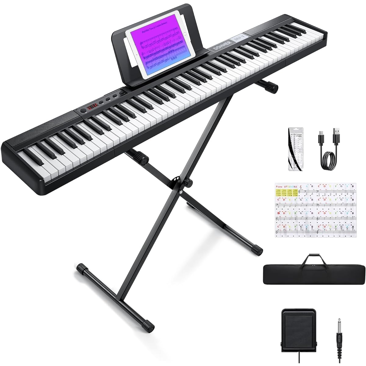 Donner Electronic Piano 88 Keyboard Stand Set MIDI Compatible Rechargeable 10 Hours Continuous Use Compact Lightweight Beginner Carrying Case Pedal Music Stand Keyboard Sticker Japanese Instruction Manual Included DEP-1 Black
