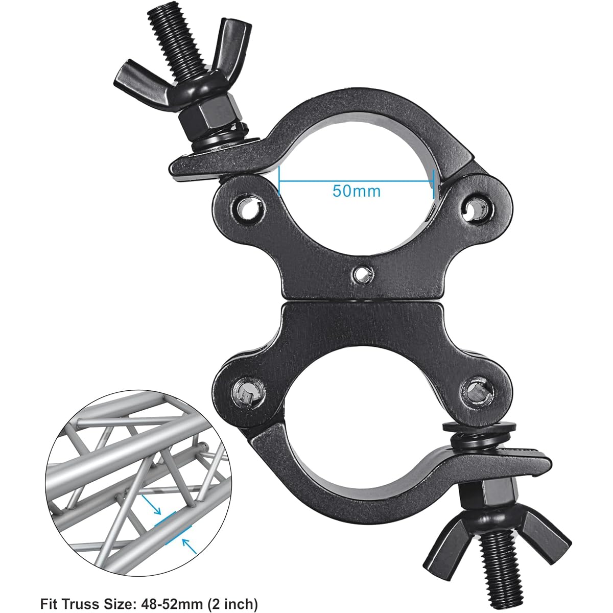 TUV Pro Swivel Truss Clamp Black 2" Pack of 2 Rualin Heavy Duty 500kg Swivel Coupler 50mm Truss Clamp Dual Head Rotation as Needed 2 Pieces 360 Degree Lighting Clamps Truss OD 48-52mm / 2"
