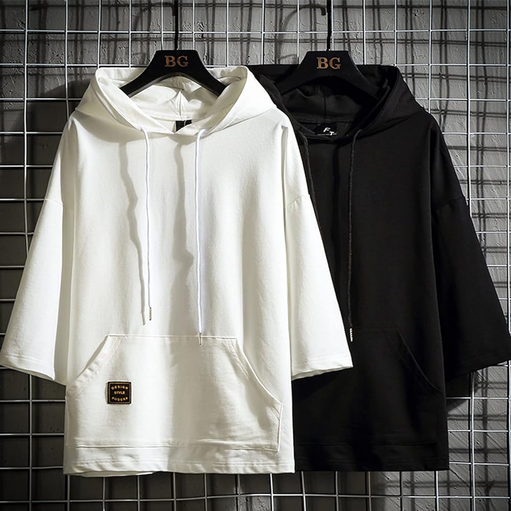Sukinana Hoodie Men's Short Sleeve Summer Clothes T-Shirt Large Size Hooded Hip Hop Street HIPHOP Casual Pullover Clothes Men's Summer
