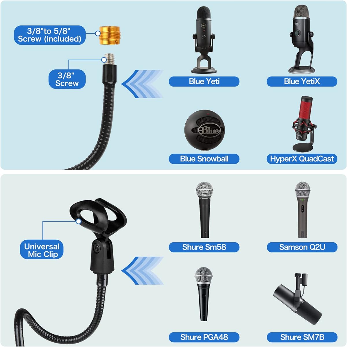 Desktop Microphone Stand 13" Flexible Gooseneck Mic Stand Desk Universal Microphone/Cell Phone Stand Holder with Heavy Duty Desk Clamp Mic Clip 3/8" to 5/8" Thread Adapter for Blue Yeti/Shure/Other Microphones