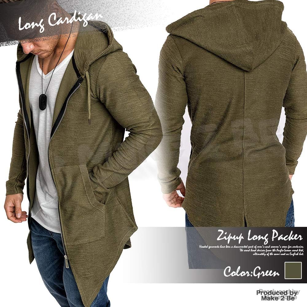 [Make 2 Be] Men's Long Sleeve Ultra Thin Hooded Long Parka Outer Zip Up Full Zip Parka Cut and Sewn Long Hooded Parka Plain Cardigan UV Protection Cooling Protection MF05