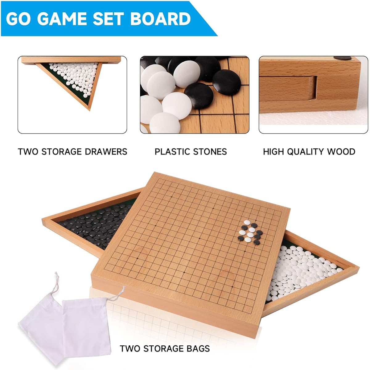 GSE 12" Wooden Go Board Game Set with Drawer, Wooden Go Game Board Set with Plastic Stones, Classic Chinese Strategy Board Game