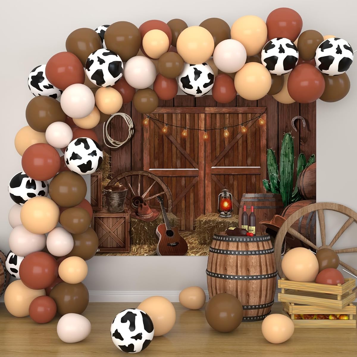Vansolinne Western Party Decorations Wild West Balloon Arch Kit Stable Fabric Cowboy Banner for First Rodeo Birthday Photo Backdrop Western Theme Baby Shower Supplies