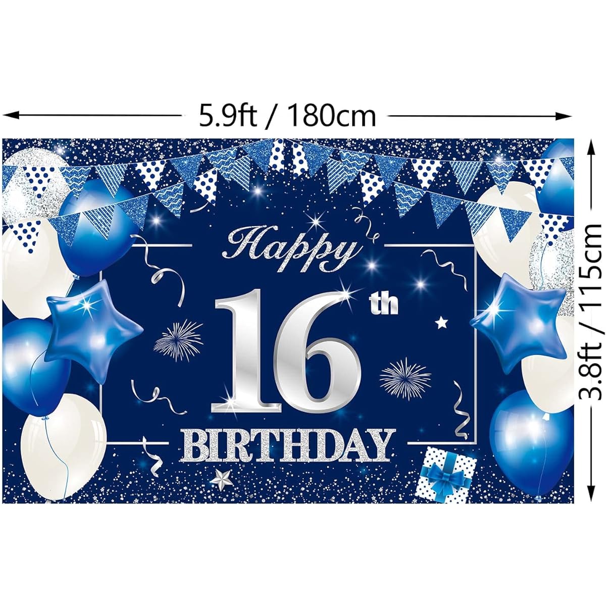 P.G Collin Happy 16th Birthday Banner Backdrop Sign Background, 16th Birthday Party Decorations Supplies for Boys/Girls 6 x 4ft Blue Silver