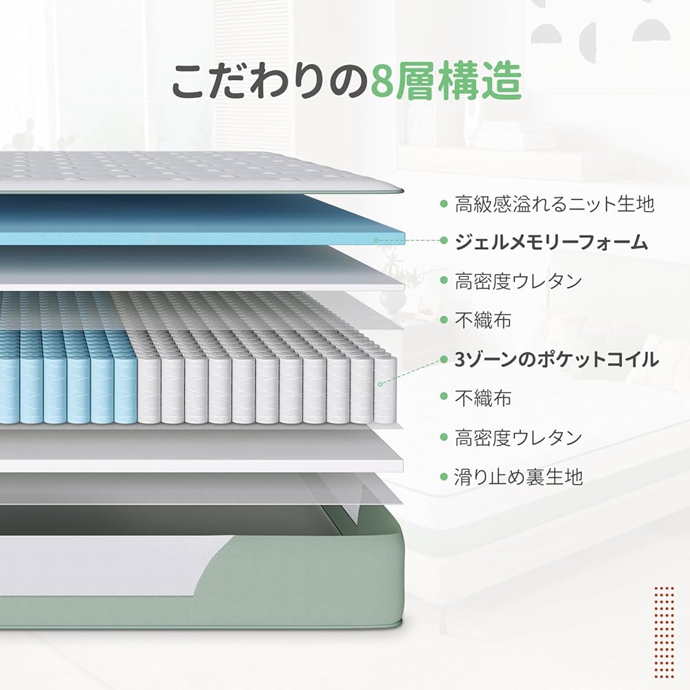 Novilla Mattress, Semi-Double Pocket Coil, Extra Thick, 7.9 inches (20 cm), 3 Zones, 8 Layer Structure, 520 Coils, Slightly Hard, Constant Temperature Gel Memory Foam, Breathable, Vibration Isolation,