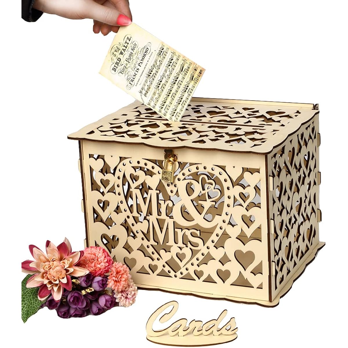 Alnicov Wooden Wedding Card Box Money Box with Lock Slot DIY Wooden Money Box for Wedding Reception Anniversary Birthday Party Graduation Party Decoration (Mr & Mrs-L)