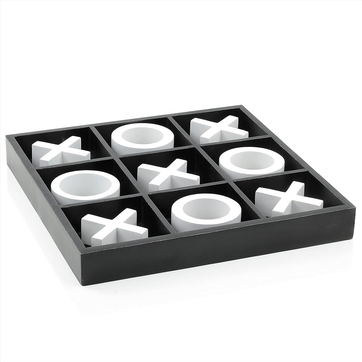 14" Wooden Tic-Tac-Toe Decorative Board Game Set for Coffee Table Decor (Black and White)