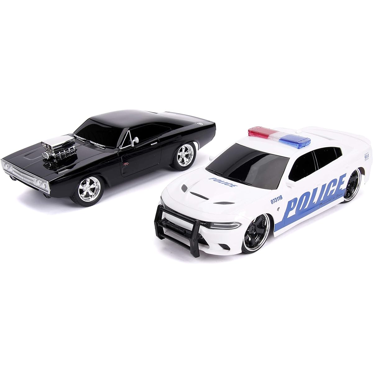 Jada Fast & Furious Chase Twin Pack - Dom's Dodge Charger R/T & Dodge Charger SRT Hellcat, Police & Chase Car Rc, USB Charging Black & White