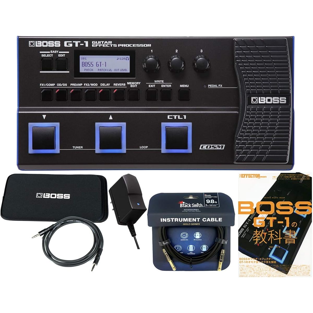Perfect for practice! ◆AUX cable bonus added◆ [Gold-plated shielded cable and sleeve case included] BOSS Black GT-1 Multi Effector Genuine Adapter GT-1 Textbook Set