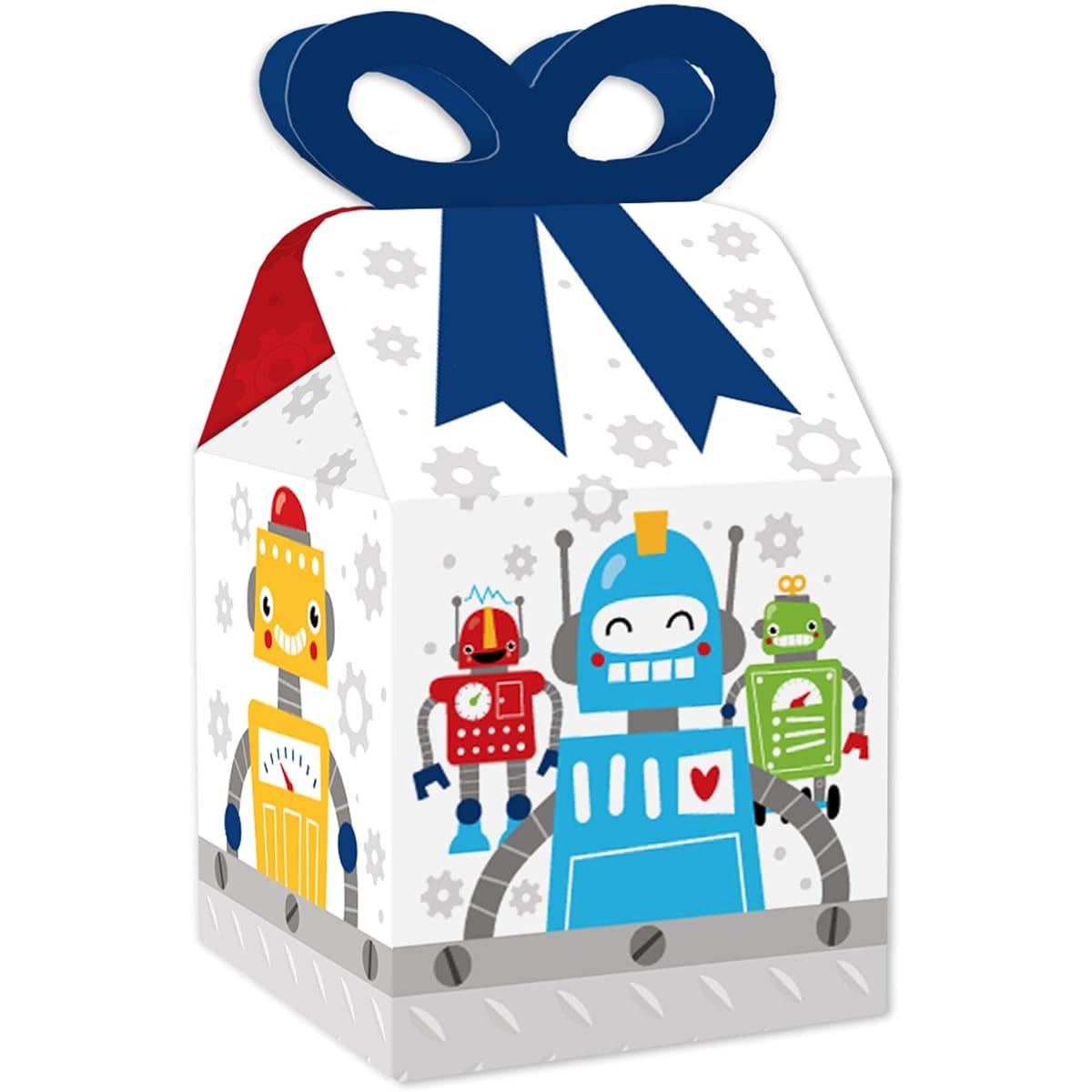 Big Dot of Happiness Gear Up Robots - Square Gift Boxes - Birthday Party and Baby Shower Ribbon Boxes - Set of 12