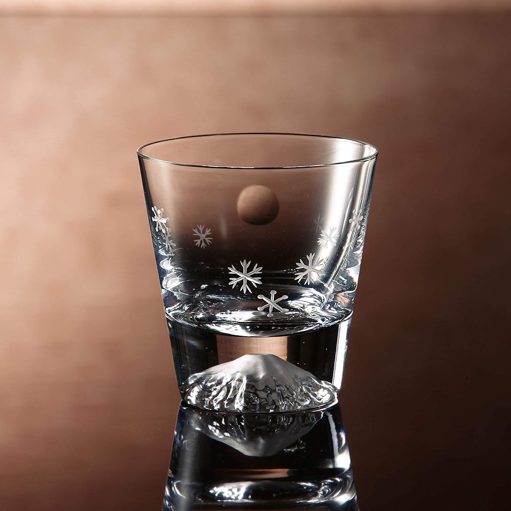 Tajima Glass Edo Glass Mt. Fuji Glass Rocks Glass in Wooden Box (Moon and Snowflake)