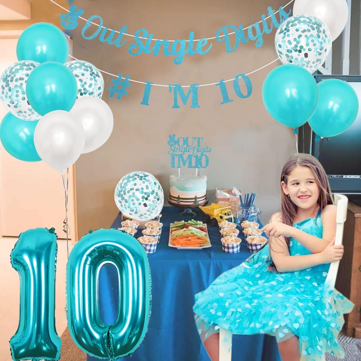 10th Birthday Decorations for Girls Teal - Peace Out 1 Digit I'm 10 Garland & Cake Topper Turquoise Happy Birthday Banner Number 10 Balloons 2 Digit Birthday Party Supplies